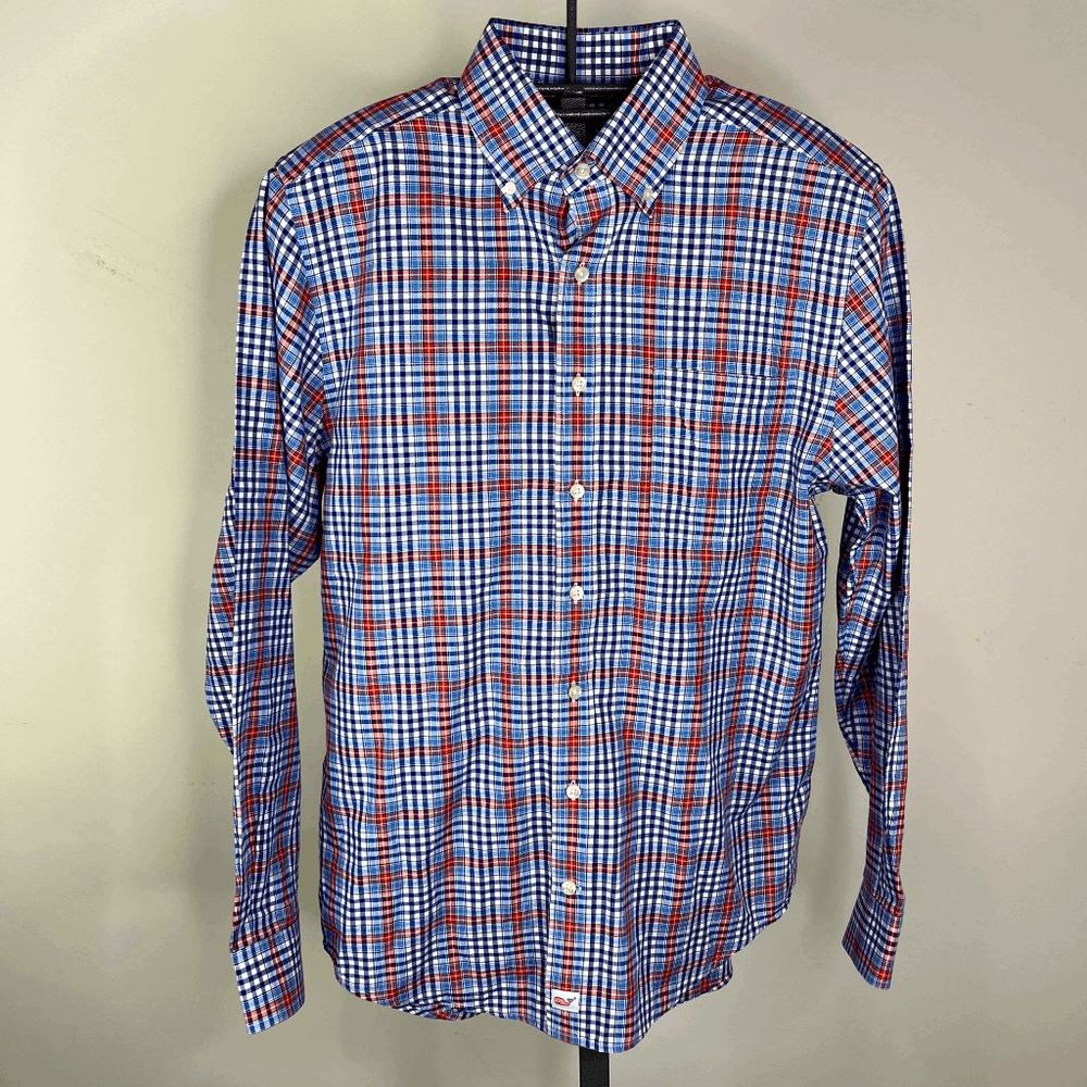 Vineyard Vines Slim Fit Murray Shirt Blue White Orange Plaid 100% Cotton Size M